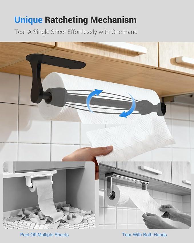 Paper Towel Holder Under Cabinet, One-Handed Tear, Wall Mount, Adhesive, Black, Paper Roll Holder with Ratchet Mechanism for Kitchen Bathroom Farmhouse Essentials Decor Accessories - Image 2