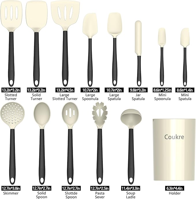 Coukre Silicone Kitchen Cooking Utensils Set with Holder – Heat-Resistant, Food-Grade Kitchen Tools, Spatula, Spoon & Gadgets for Non-Stick Pans, Dishwasher Safe (14, Beige) - Image 2