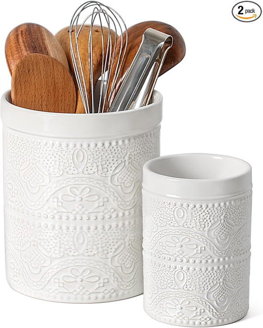 FUN ELEMENTS Kitchen Utensil Holder, 7.2+5.5" Super Large Utensil Crock Heavy and Stable Lace Emboss Ceramic Utensil Holder for Kitchen Counter(2Pcs Bright White) by IntoYourHouseOntoYourTable