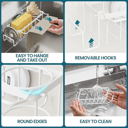 TAILI Sponge Holder with Strong Suction Cup, 4-in-1 Rustproof Sink Organizer - Sink Caddy Holds Sponges, Brushes, Stoppers & Scrapers -White - Image 5