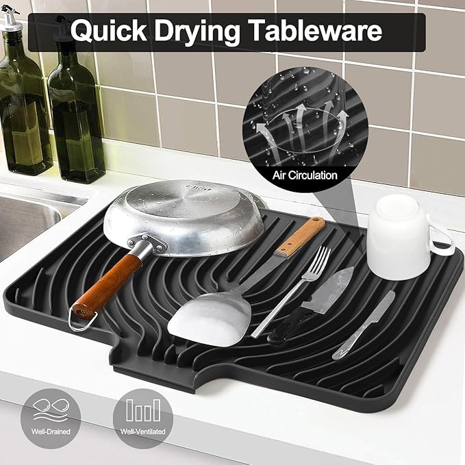 Dish Drying Mat for Kitchen Counter, with Built-in Drain Lip, Food-Grade Silicone, Easy Clean Pad for Countertop Protection, Multi-Functional Use (18x11.8, Black) - Image 4