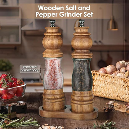 Wooden Salt and Pepper Grinder Set with Wooden Tray and Spoon, 8 Inch Manual Salt and Pepper Mill, Adjustable Coarseness, Refillable with Ceramic Core for Spices, Clear Acrylic Chamber