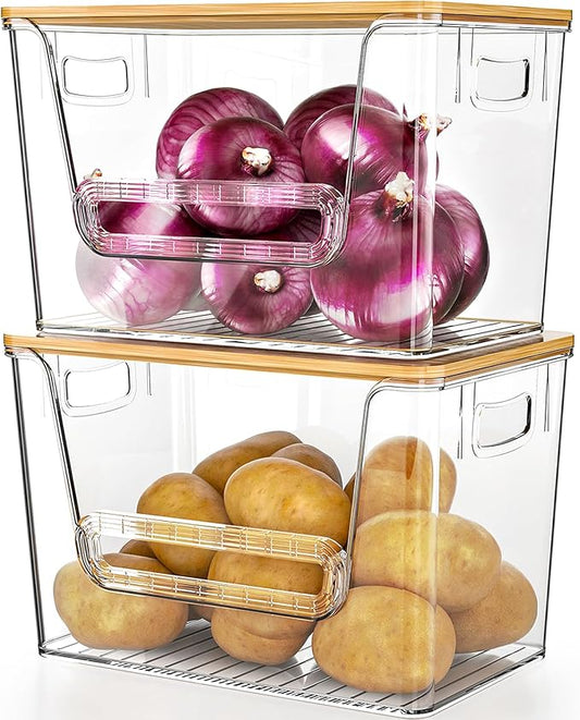 Delamu 2 Set Pantry Organizers and Storage, Trash Bag Holder Under Sink Organizer for 4-13 Gal Bags, Trash Bag Dispenser with Bamboo Top for Onion, Potato, Garlic, Clear (11-7/32"L*7" W*7-1/8"H) by DELAMU