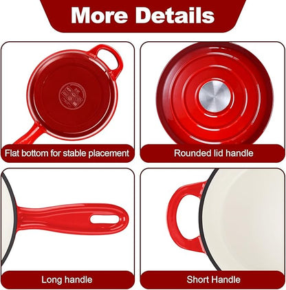 HaSteeL 2 QT Cast Iron Saucepan, Mini Enamel Dutch Oven with Lid, Small Non Stick Pan for Milk, Pasta Tomato Sauce, Butter, Breakfast, Soup, Suitable for Boiling Stewing Frying, Easy to Clean, Red