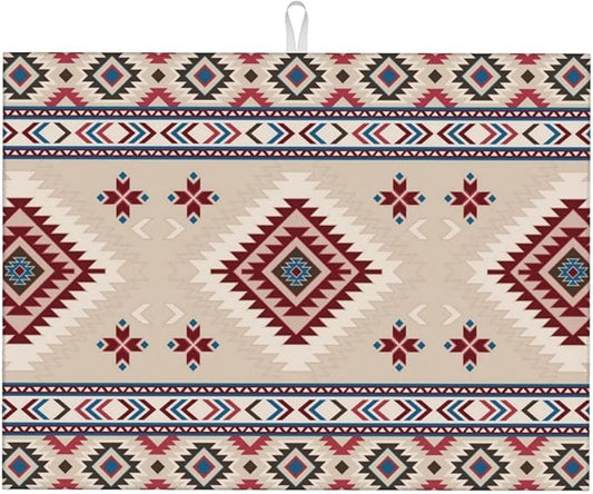 Rustic Ethnic African Dish Drying Mat Vintage Tribal Aztec Southwestern Drying Rack Pad Countertop Dishes Ultra Absorbent Microfiber Kitchen Counter Mat 18x24 Inch