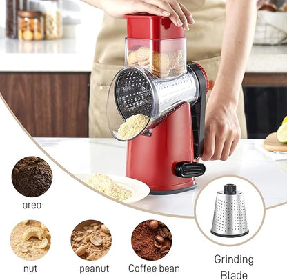 Weltonhm Rotary Cheese Graters with 4 Blades, Large Hand Crank Cheese Grater with Waffle Slicer, Red Cheese Shredder with Suction Base, Easier for Shredding & Grating (Red and black, 4 Graters)