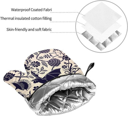 Bats and Flower Oven Mitts and Pot Holders Sets of 4,Resistant Hot Pads with Polyester Non-Slip BBQ Gloves for Kitchen,Cooking,Baking,Grilling