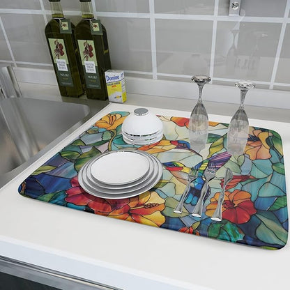 Spring Summer Dish Drying Mat for Kitchen Counter Hummingbird Microfiber Absorbent Dish Draining Reusable Washable Foldable Extra Large 18"x24" - Image 6