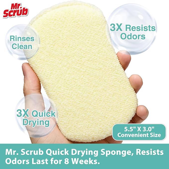 Mr. Scrub Sponges Kitchen Scrub Dish Sponge Scouring Pad, 24 Pack Cleaning Brush Scrubber Supplies for Soap, Dishwashing Dinnerware Sets Pan Pot Glass Dishwasher Sink Bathroom Towels Cloth Rags Holder
