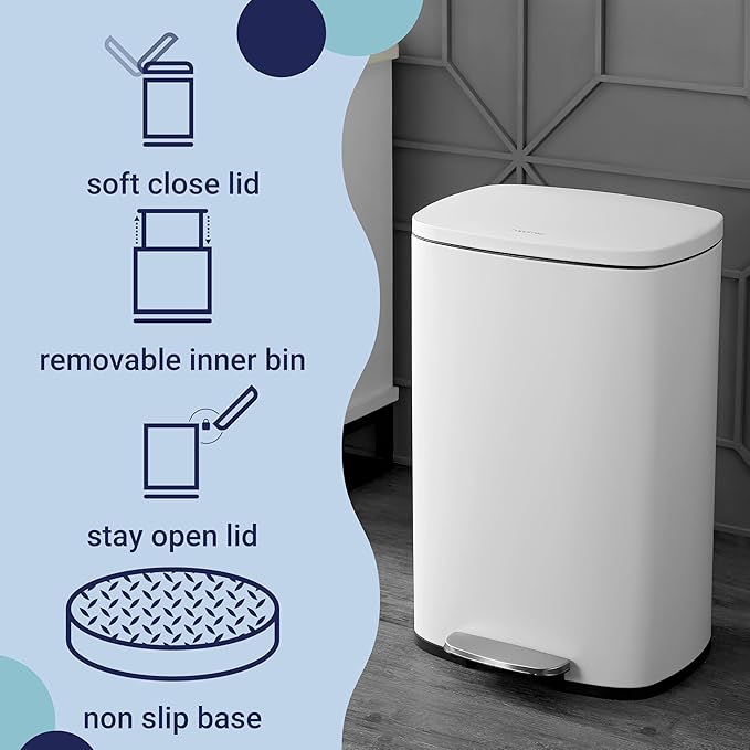 happimess HPM1006C Connor Rectangular 13-Gallon Trash Can with Soft-Close Lid and Free Mini Trash Can, Fingerprint Resistant, Modern, Minimalistic for Home, Kitchen, Office, Bathroom, White - Image 3