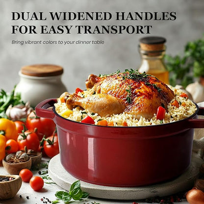 Overmont Enameled Cast Iron Dutch Oven - 5QT Pot with Lid Cookbook & Cotton Potholders - Heavy-Duty Cookware for Braising, Stews, Roasting, Sourdough Baking burgundy - Image 3