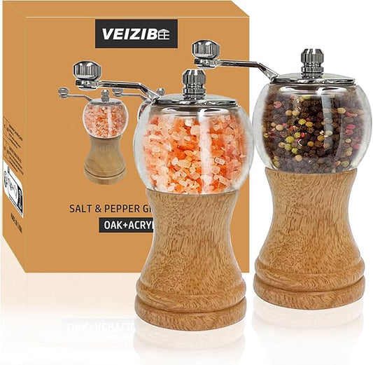 Salt and Pepper Grinder Set Manual Pepper Mill Set Classical Hand Shake Wooden Salt Mill Acrylic Ceramic Blades Upgrade Metal Handle, Enjoy Pepper Salt Various Spices (Burlywood 2pcs-5in)
