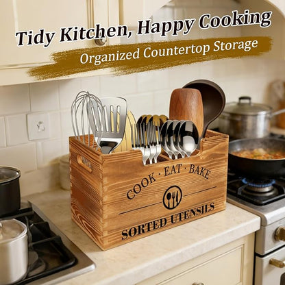 Upgraded Kitchen Utensil Holder for Counter, Extra Large Wooden Utensil Holder with Three Adjustable Combination Designs for Storage Cooking and Silverware - Image 2
