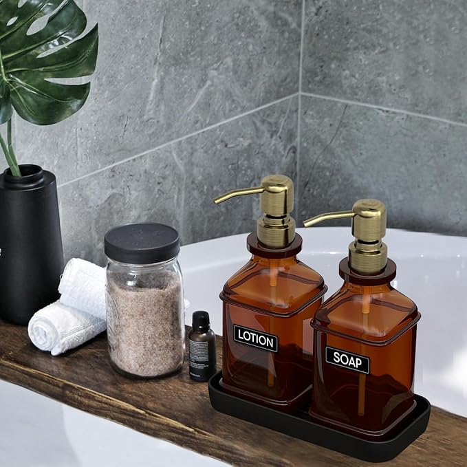 LMQML Soap Dispenser - 2 Pack, Antique Design Thick Amber Glass Hand Soap Dispensers with Sturdy Tray; 304 Rust Proof Stainless Steel Black Pump, 12Pcs Stickers, for Kitchen, Bathroom - Brushed Gold - Image 6