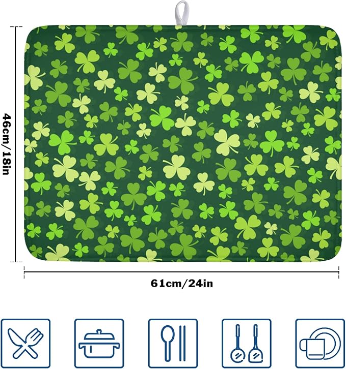 St. Patrick's Day Dish Drying Mat for Kitchen Counter,Irish Green Shamrocks Clover Leaves Drying Mat 18 x 24 Inch with Absorbent Reversible Microfiber Dish Drying Pad for Coffee Bar - Image 2