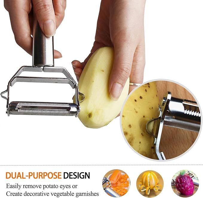 Sunkuka Potato Apple Vegetable Peeler Julienne Peeler for Kitchen - 3 in 1 Y Peeler for Fruit Veggie Carrot Cucumber Zucchini, Sharp Stainless Steel Peeler with Cleaning Brush - Image 5