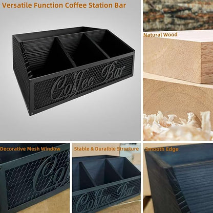 Coffee Station Organizer, Rustic Countertop Coffee Bar Accessories, 4 Compartments for Pods, Syrup, Stirrer, Tea Bags - Coffee Condiment Station Storage for Home and Office - Black - Image 3