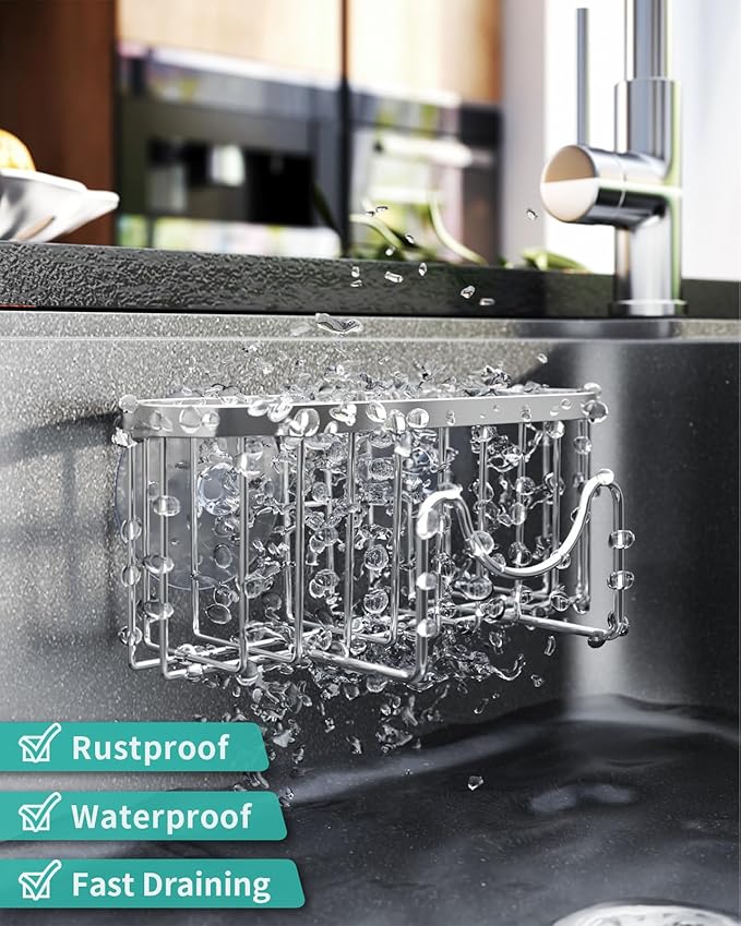 HapiRm Kitchen Sponge Holder for Sink - 2 Installation Methods Kitchen Sink Caddy Organizer with Unique M-Shaped, Rustproof Stainless Steel Sponge Caddy - Silver (Large) - Image 4