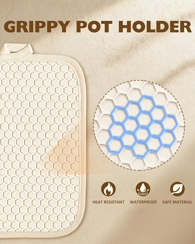 Slohif Silcone Flower Pot Holders for Kitchen - 100% Cotton Beige Cute Retro Oven Potholders with Pockets, Heat Resistant Square Thick Hot Pads, House New Home Baking Baker Gifts,2pack