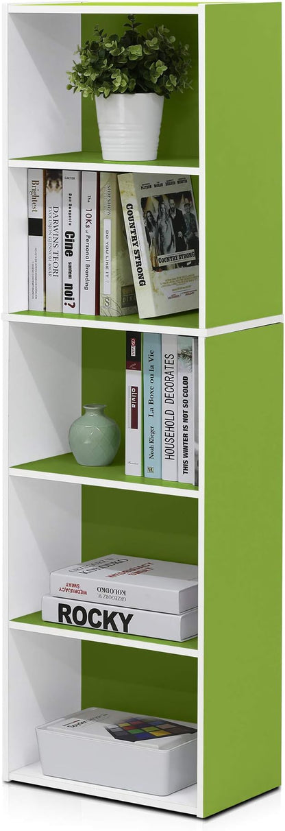 Furinno LUDER Book Shelf, 5-Tier Bookshelf, Bookcase with Open Shelves, 9.4 x 15.8 x 52, Easy Assembly, for Living Room, Bedroom, Home Office, White/Green by Furinno-FitsYourSpaceFitsYourBudget