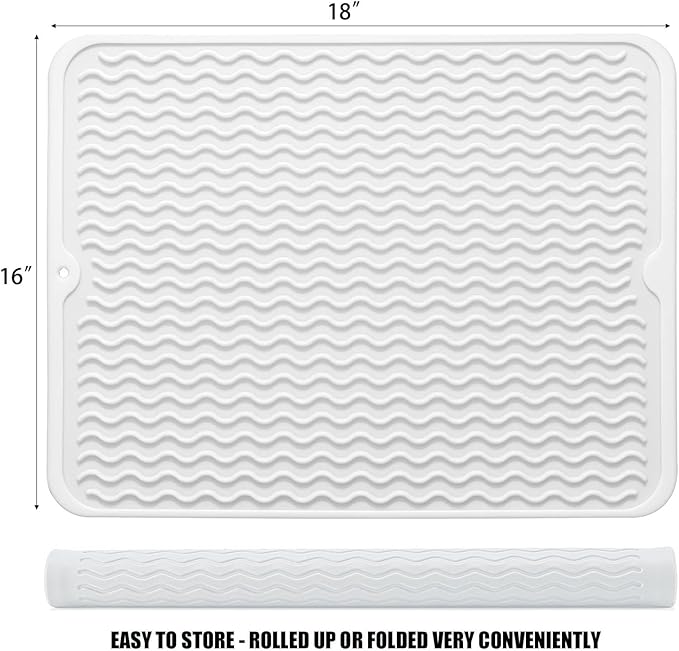 Silicone Dish Drying Mat for Multiple Usage, Easy clean, Eco-friendly, Heat-resistant Dish Drainer Mat for Kitchen Counter,Sink,Refrigerator or Drawer liner (18" x 16", White) - Image 2