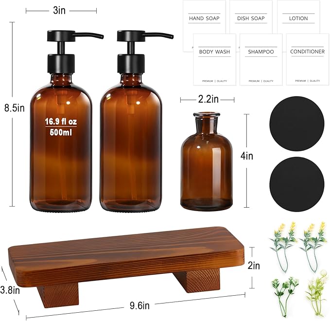 KASUNTING Amber Glass Soap Dispenser with Upgraded Flat Pump, Dish Soap Dispenser for Kitchen, Hand Soap Dispenser for Bathroom, Decorative Vase & Wood Riser Bathroom Decor(Amber02) - Image 2