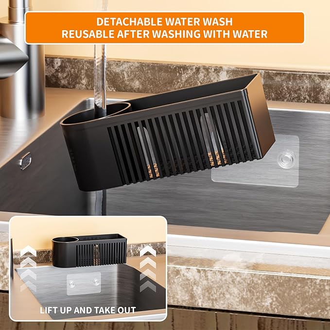 SuoXing Inside Sink Sponge Holder,Black Rustproof Sink Caddy and Scrub Holder for Kitchen Sink with Suction Cup,Adhesive,Plastic Dish Sink Organizer for Scrub Brush,Scrubber,Dish Sponge,Spinge Holder - Image 5