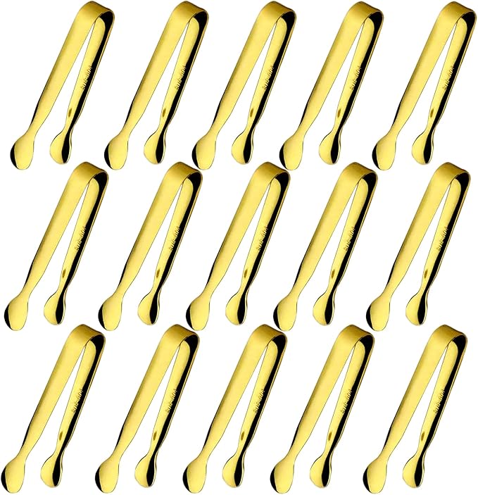 15PCS Mini Tongs for Serving, Metal Tong Stainless Steel Gold Tongs, 4.25Inch Small Sugar Tong, Kitchen Mini Serving Tongs for Appetizers, Ice, Charcuterie, Gold Utensil for Dessert Table, Tea Party by Sunenlyst