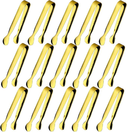 15PCS Mini Tongs for Serving, Metal Tong Stainless Steel Gold Tongs, 4.25Inch Small Sugar Tong, Kitchen Mini Serving Tongs for Appetizers, Ice, Charcuterie, Gold Utensil for Dessert Table, Tea Party by Sunenlyst