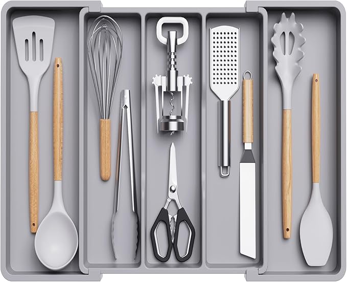 Lifewit Utensil Organizer for Kitchen Drawers, Expandable Cooking Utensil Tray, Adjustable Cutlery Silverware Flatware Holder, Plastic Spatula Tools Storage Divider, 13-22 x 15", Gray by Lifewit