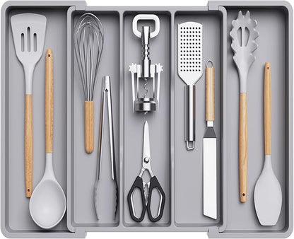Lifewit Utensil Organizer for Kitchen Drawers, Expandable Cooking Utensil Tray, Adjustable Cutlery Silverware Flatware Holder, Plastic Spatula Tools Storage Divider, 13-22 x 15", Gray by Lifewit