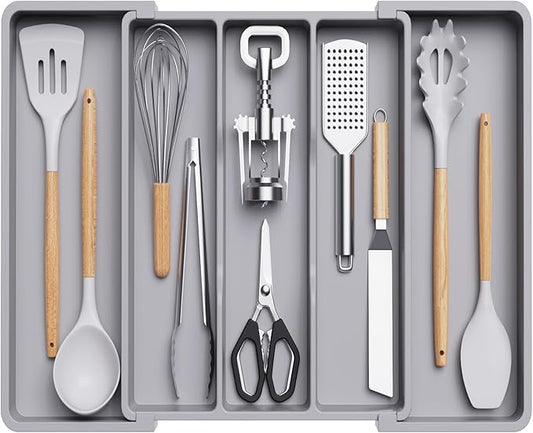Lifewit Utensil Organizer for Kitchen Drawers, Expandable Cooking Utensil Tray, Adjustable Cutlery Silverware Flatware Holder, Plastic Spatula Tools Storage Divider, 13-22 x 15", Gray by Lifewit