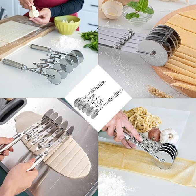 5 Wheel Pastry Cutter, Stainless Steel Dough Cutter Wheel with Handle, Dual Fluted Ravioli Pasta Noodle Pizza Slicer, Expandable Round Pastry Knife, Versatile Cookie Dough Divider - Image 3