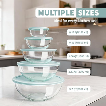 Luvan Glass Mixing Bowl with Lids Set of 5(0.2QT, 0.5QT, 1.1QT, 2.1QT, 3.75 QT), Space-Saving Nesting Bowls Anti-slip Salad Bowls for Storage, Cooking, Microwave,Freezer,Oven and Dishwasher Safe - Image 3