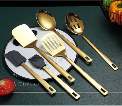 Gold Cooking Spoons, Berglander 6 Pieces Spatula Set Stainless Steel, Metal Spatula, Serving Spoon, Kitchen Tools Set Non-Stick And Heat Resistant, Dishwasher Safe, Easy to Clean (6 Packs) - Image 2