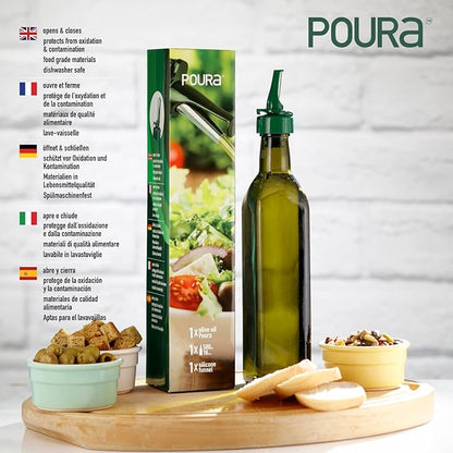 Poura Glass Olive Oil Bottle Drizzler with Pourer Spout - BPA Free Hygienic Open and Close Pourer Prevents Oxidation Keeping Olive Oil Fresh - Includes Funnel for No Mess Or Wastage
