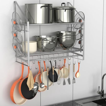 VyGrow 28 Inch Pot Rack Wall Mounted, 2 Tier Pots and Pans Organizer with 20 Hooks and 6 Pot Lid Holders, Heavy Duty Steel Pot and Pan Hanger for Kitchen Cookware Utensils Storage, Silver by VyGrow