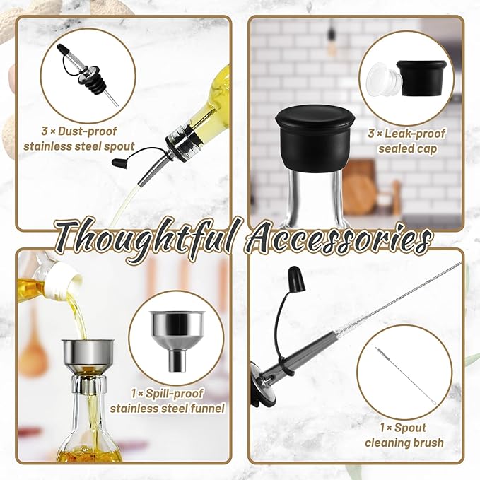 3-Pack Glass Oil Dispensers 500ML/17OZ, Oil and Vinegar Bottles Set with Stainless Steel Pourers, Brush, Funnel, Seal Caps (Square) - Image 3