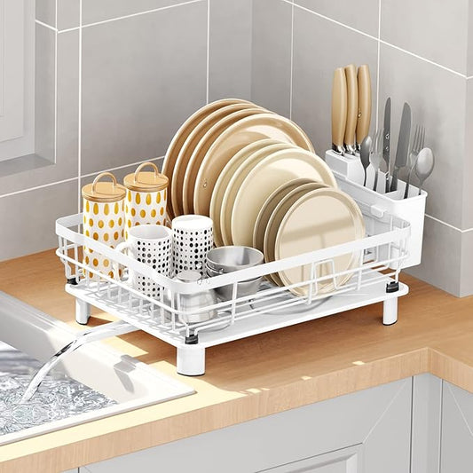 AIDERLY Iron Dish Drying Rack with Drainboard Dish Drainers for Kitchen Counter Extendable Spout Strainers with Utensil Holder and Knife Slots, White by AIDERLY