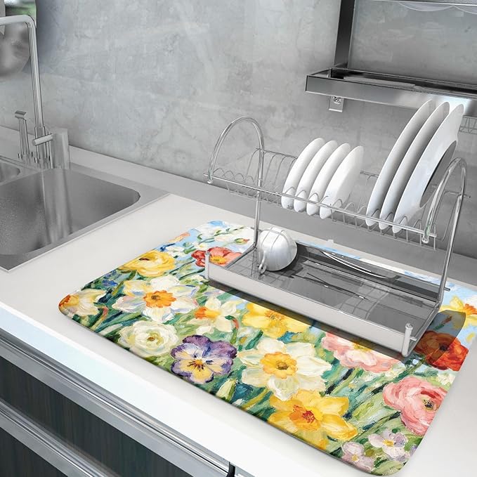 Spring Floral Dish Drying Mat for Kitchen Counter 18x24 Yellow Pink Narcissus Flower Seasonal Themed Summer Absorbent Reversible Microfiber Drying Mats Kitchen Countertop Protector Dishes Drainer Pad - Image 5