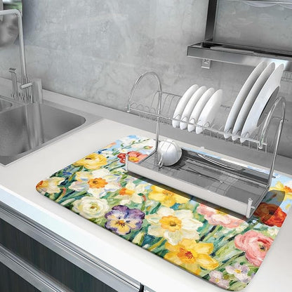 Spring Floral Dish Drying Mat for Kitchen Counter 18x24 Yellow Pink Narcissus Flower Seasonal Themed Summer Absorbent Reversible Microfiber Drying Mats Kitchen Countertop Protector Dishes Drainer Pad - Image 5