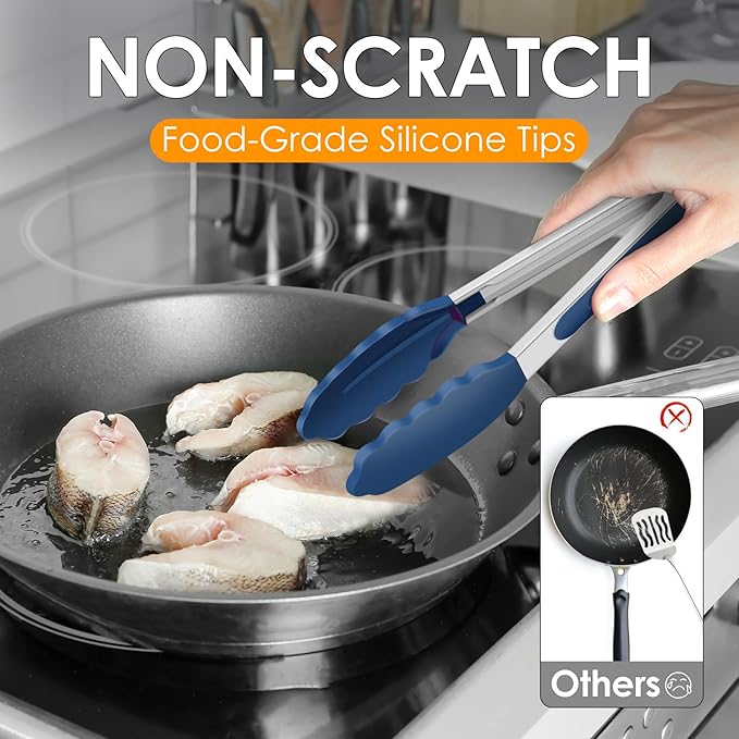HOTEC Premium Stainless Steel Locking Kitchen Tongs with Silicon Tips, Set of 3-7", 9" and 12" (Classic Blue) - Image 3