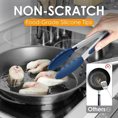 HOTEC Premium Stainless Steel Locking Kitchen Tongs with Silicon Tips, Set of 2-9" and 12", Classic Blue - Image 3