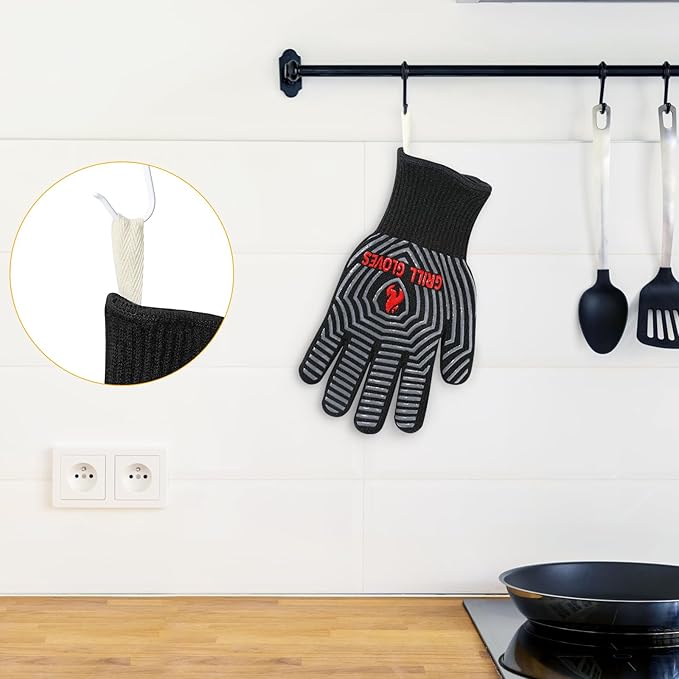 QUWIN BBQ Gloves, Oven Gloves, 1472℉ Extreme Heat Resistant,Grilling Gloves Silicone Non-Slip Oven Mitts, Kitchen Gloves for BBQ, Grilling, Cooking, Baking-1 Pair… (Black, One Size Fits Most) - Image 4