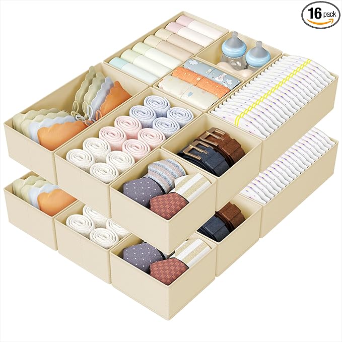 DIMJ Drawer Organizers Clothes, Set of 16 Dresser Organizer Bins, Fabric Closet Organizers and Storage, Shallow Drawer Dividers for Nursery, Clothing, Baby Clothes, Socks, Underwears, Tie (Beige) by DiMJ