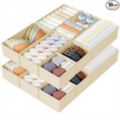 DIMJ Drawer Organizers Clothes, Set of 16 Dresser Organizer Bins, Fabric Closet Organizers and Storage, Shallow Drawer Dividers for Nursery, Clothing, Baby Clothes, Socks, Underwears, Tie (Beige) by DiMJ