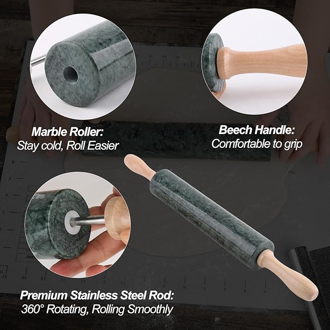 Koville Indian Natural Marble Rolling Pin, Non-Stick Polished Dough Roller, Pasta, Dumpling, Fondant, Pie Crust, Bread, Pizza Dough, Kitchen Baking Pastry Tools with Mat/Scraper(Indian Green) - Image 5