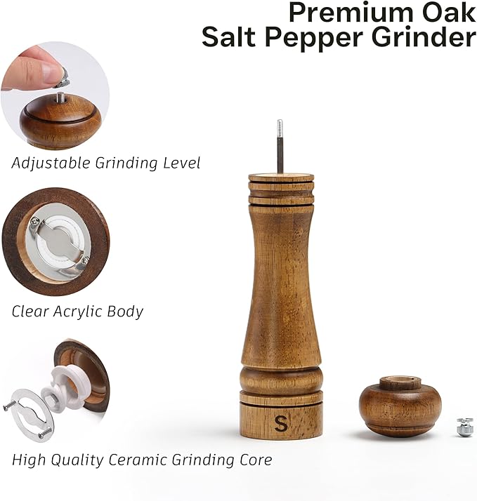 Wooden Salt and Pepper Grinder Set, Premium Oak Wood Salt Grinders Shakers, Manual Pepper Mill with S and P Engraving, Adjustable Ceramic Grinder for House Warming Cooking Gifts – 8 inches, 2 Pack - Image 2