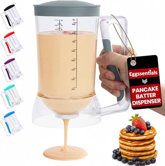 Eggssentials Pancake Dispenser – Easy Control Cake Mix Dispenser for Baking – Drip-Free Muffin & Cupcake Batter Dispenser with Handle – Great for Griddle Pancakes - Grey Color