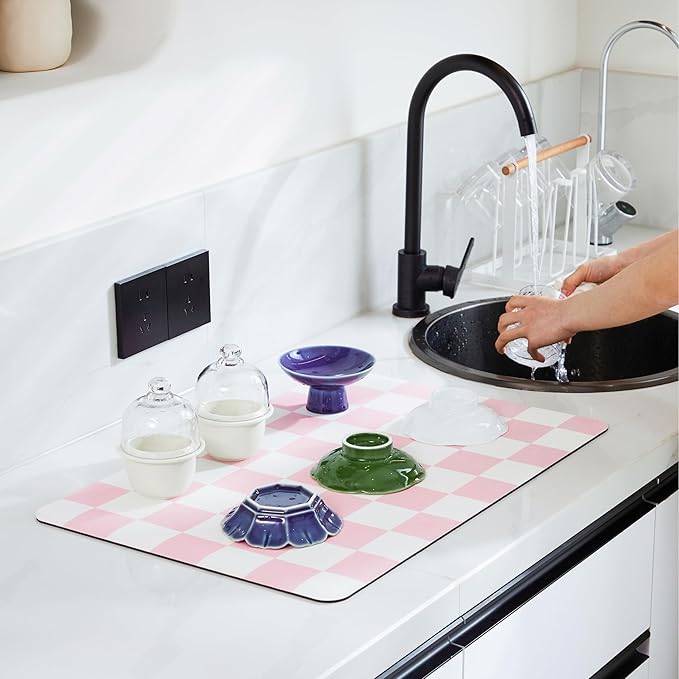 Ohocut Checkered Dish Drying Mat for Kitchen Counter, Coffee Bar Station Accessories, Retro Cute Aesthetic Girly Women Modern Absorbent Drainer Mat Kitchen Drying Mat Easy Clean, Pink 12" x 19" - Image 2